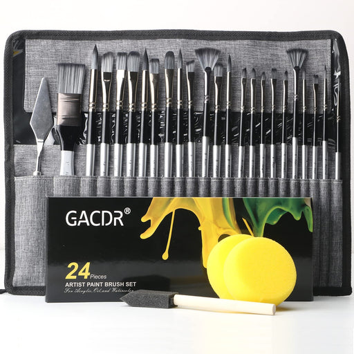 GACDR Acrylic Paint Brush Set, 24 Pieces Paint Brushes for Acrylic Painting with Cloth Roll Case and 2 Sponges, Pinceles para Acrilico for Oil Watercolor Gouache