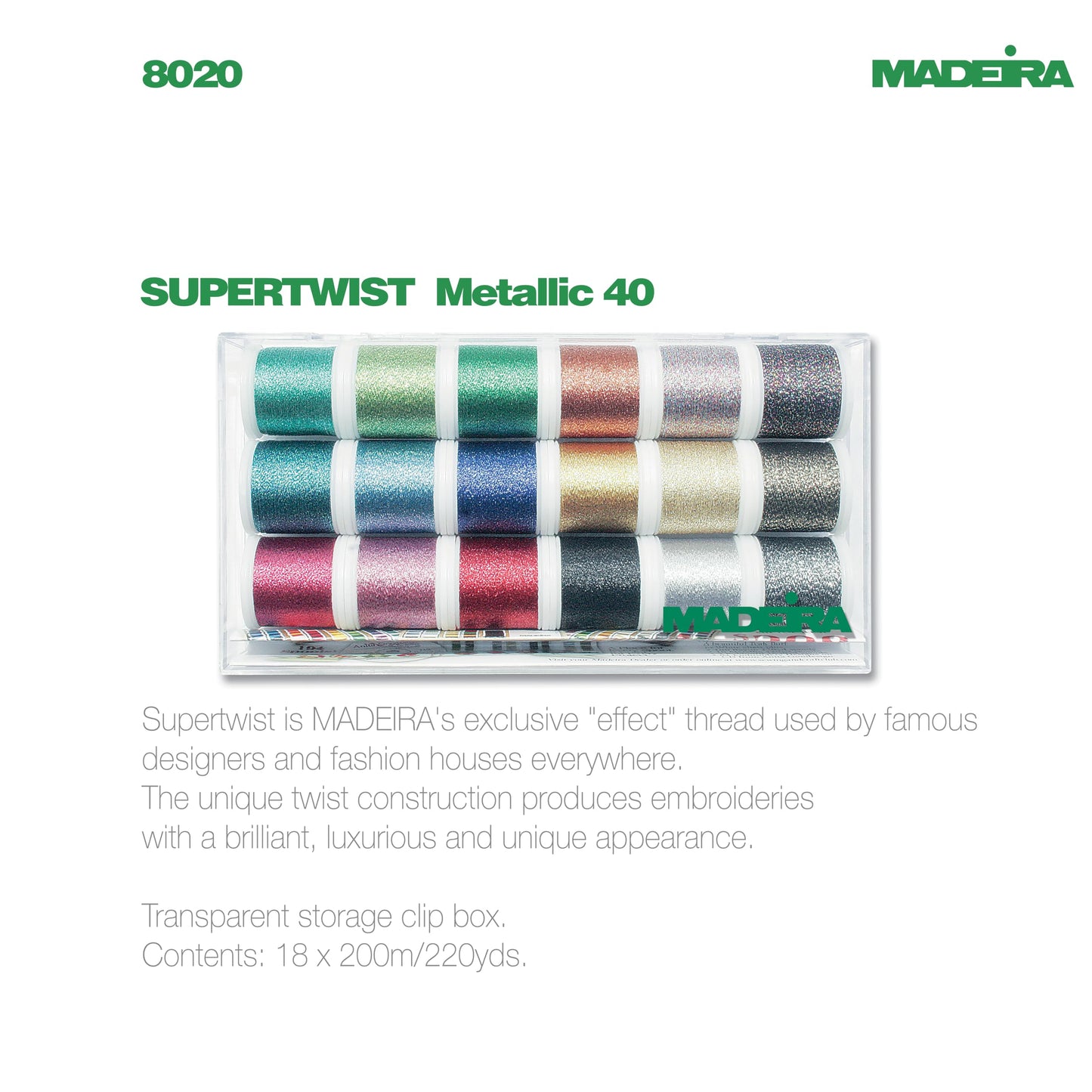 Madeira 40 Clear Box: Metallic: Supertwist: 18 x 200m: Spools, Multi