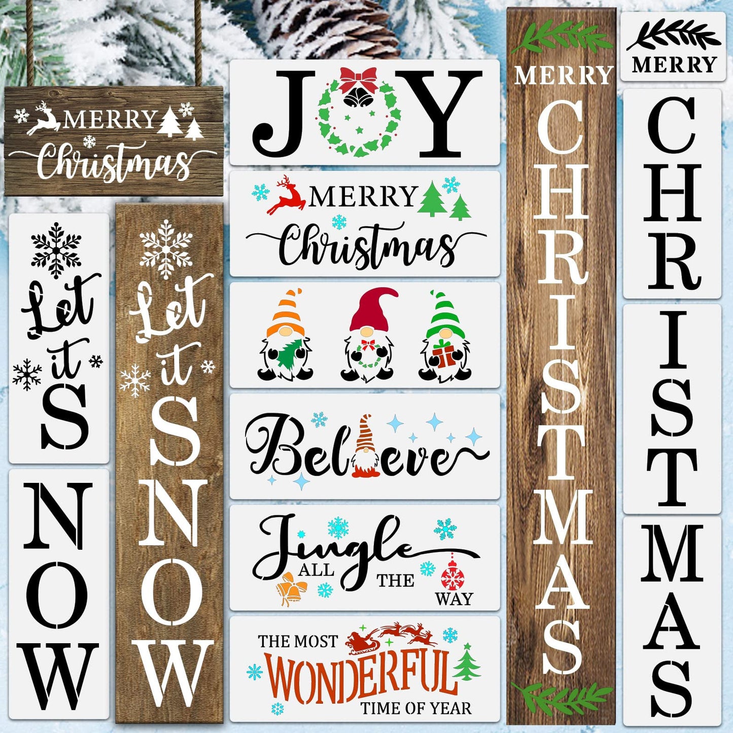 YEAJON 12PCS Christmas Stencils for Painting on Wood, Reusable Merry Christmas/Believe/Let it Snow Porch Sign Stencil, Gnome Holiday Letter Plastic Spraying Template Home Decor, DIY Art Crafts