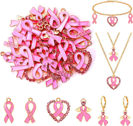 XOCARTIGE 32PCS Pink Ribbon Charms for Jewelry Making Enamel Rhinestone Breast Cancer Awareness Pendants for Bracelet Necklace Earrings Making DIY Jewelry Crafts Supplies (32PCS Pink Charms)