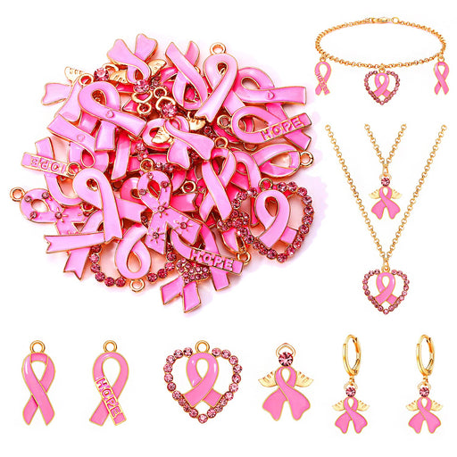 XOCARTIGE 32PCS Pink Ribbon Charms for Jewelry Making Enamel Rhinestone Breast Cancer Awareness Pendants for Bracelet Necklace Earrings Making DIY Jewelry Crafts Supplies (32PCS Pink Charms)