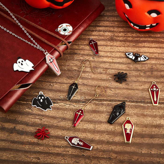 60 Pcs Halloween Charms Assorted Halloween Charms Pendants Dangle Charms Hang Ornament Include Cross Coffin Skull Coffin Ghosts Bats Eyeballs Spiders for DIY Necklace Bracelet Earring Jewelry Making