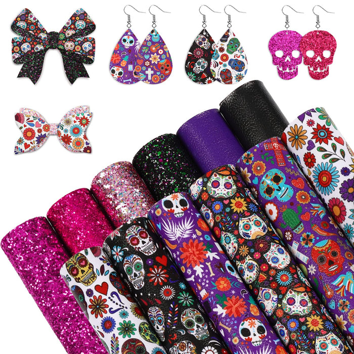 AnyDesign 12Pcs Day of The Dead Halloween Faux Leather Sheets Sugar Skull Skeleton Floral Printed Leather Fabric Sheets Glitter Synthetic Leather for Halloween DIY Craft Earring Hair Bow, 8 x 12"