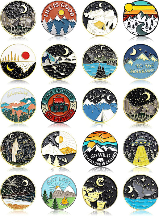 20 Pieces Outdoors Enamel Pins Outdoor Pins Set Enamel Pins Set for Backpacks Aesthetic Enamel Pins Set Nature Button Pins Vintage Lapel Pins Camping Pins Cute Brooch Pin Badges (Round Style)