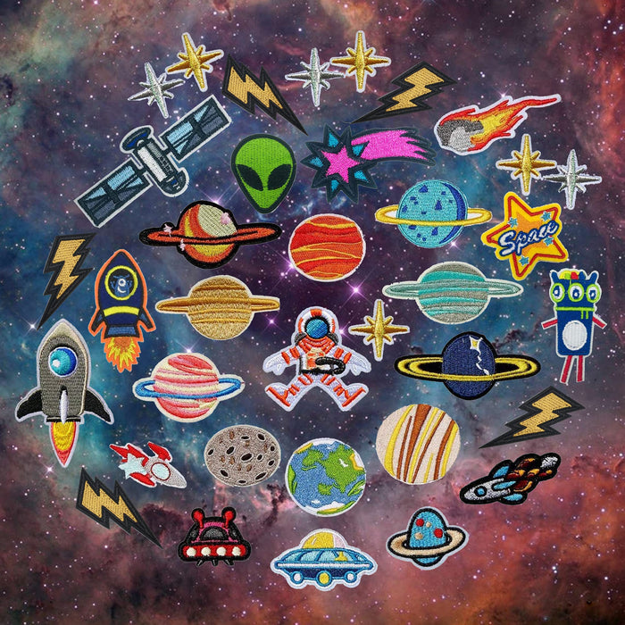 YLY Iron On Patches,Solar System Space Planets Astronaut Spaceship Embroidered Patches Applique Kit Assorted Size Decoration Sew On Patches for Clothing, Jackets,Backpacks,Jeans(Space Planet-36Pcs)