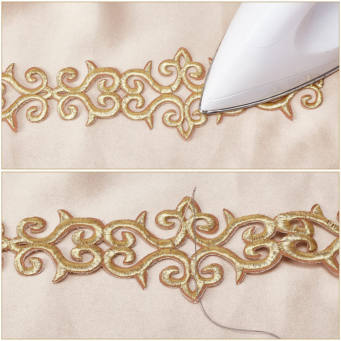 NBEADS About 5.2 Yards Gold Embroidery Polyester Ribbons, 3" Wide Adhesive Cloud Lace Trim Iron on Metallic Flower Lace for Sewing Costumes Gowns Home Decor Garment Accessories