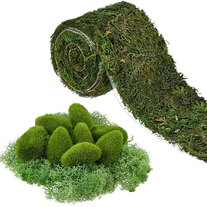 4 x 48 Inch Roll of Green Moss with 12 Pcs Artificial Moss Rocks Decorative 3 Size and a Pack of Preserved Moss Set Green Fake Moss Covered Stones Decor for Fairy Gardens Wedding Crafts Home Party