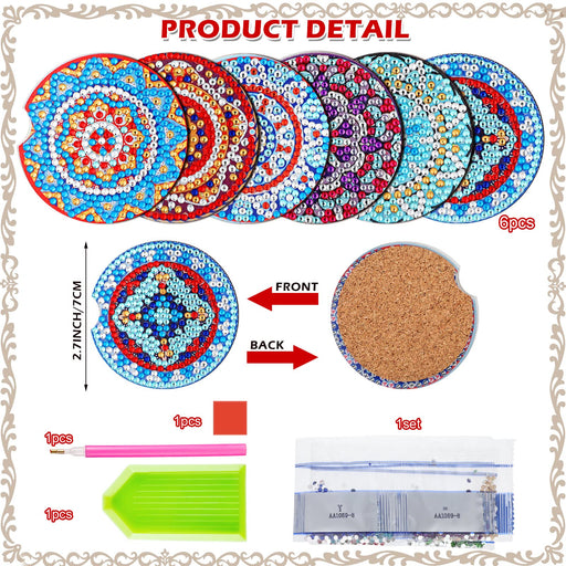 6 Pcs Diamond Painting Car Coasters with Cork Base DIY Mandala Coasters Diamond Painting Kits with Finger Notch Art Craft Supplies for Adults Table Automotive Interior Decoration