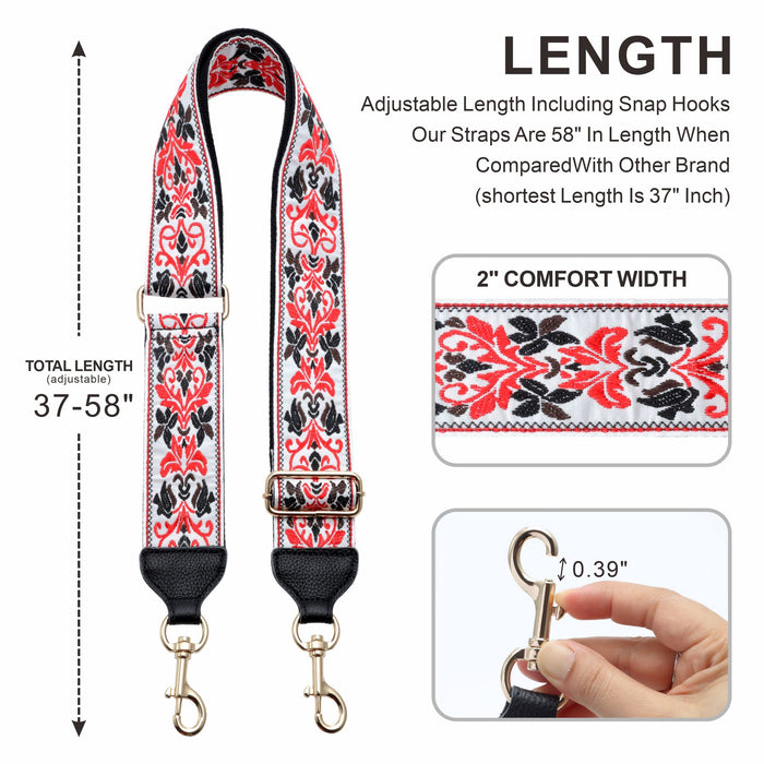 Purse Strap, 2" Wide Full Grain Cowhide Shoulder Strap Adjustable Replacement,Jacquard Embroidery Multi-Pattern Crossbody Bag Straps for Handbag,Crossbody Bags(Embroidered White Flower)